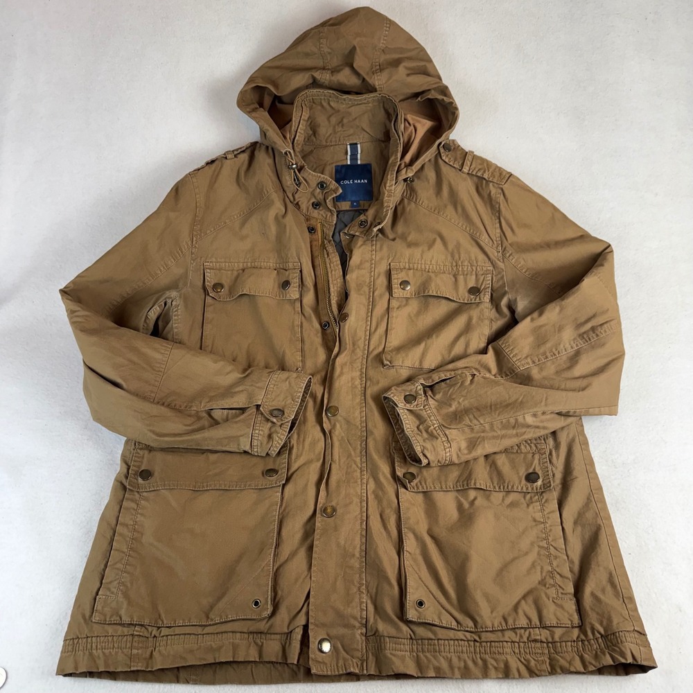 Cole Haan Mens XL Field Jacket Brown Quilted Lined Hooded M65 Utility Coat